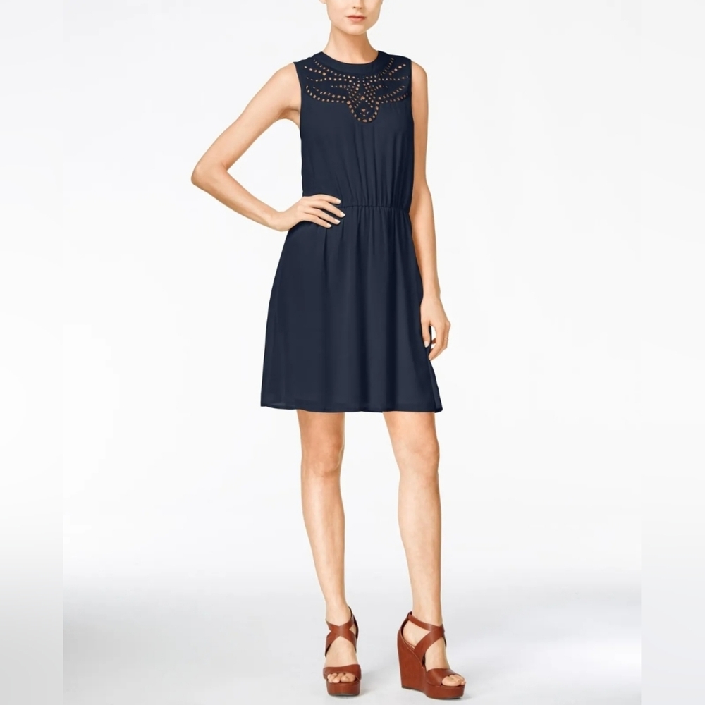 Maison Jules‎ Womens Short Dress Eyelet Sleeveless Round Neck Navy Blue Size M